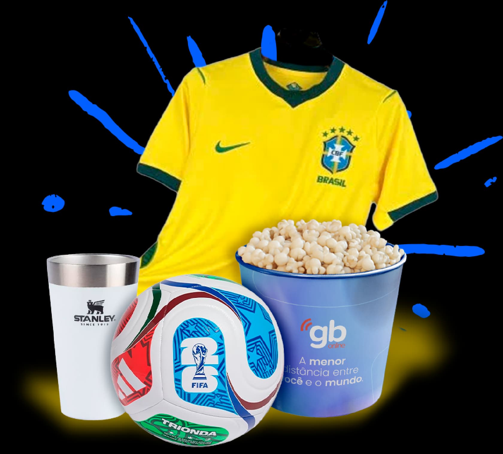 Kit torcedor: camiseta oficial, bola, copo Stanley e balde de pipoca